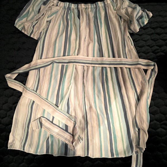 blue&green striped off-shoulder capsleeve minidress w/belt & buttons by SHEIN 1X - Picture 2 of 3